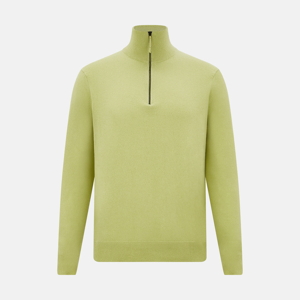 The Turnbull & Asser Melon Green Half-Zip Cashmere Jumper features long sleeves, a high collar, and half-zip front—ideal knitwear for layering. Shown on a plain white background.