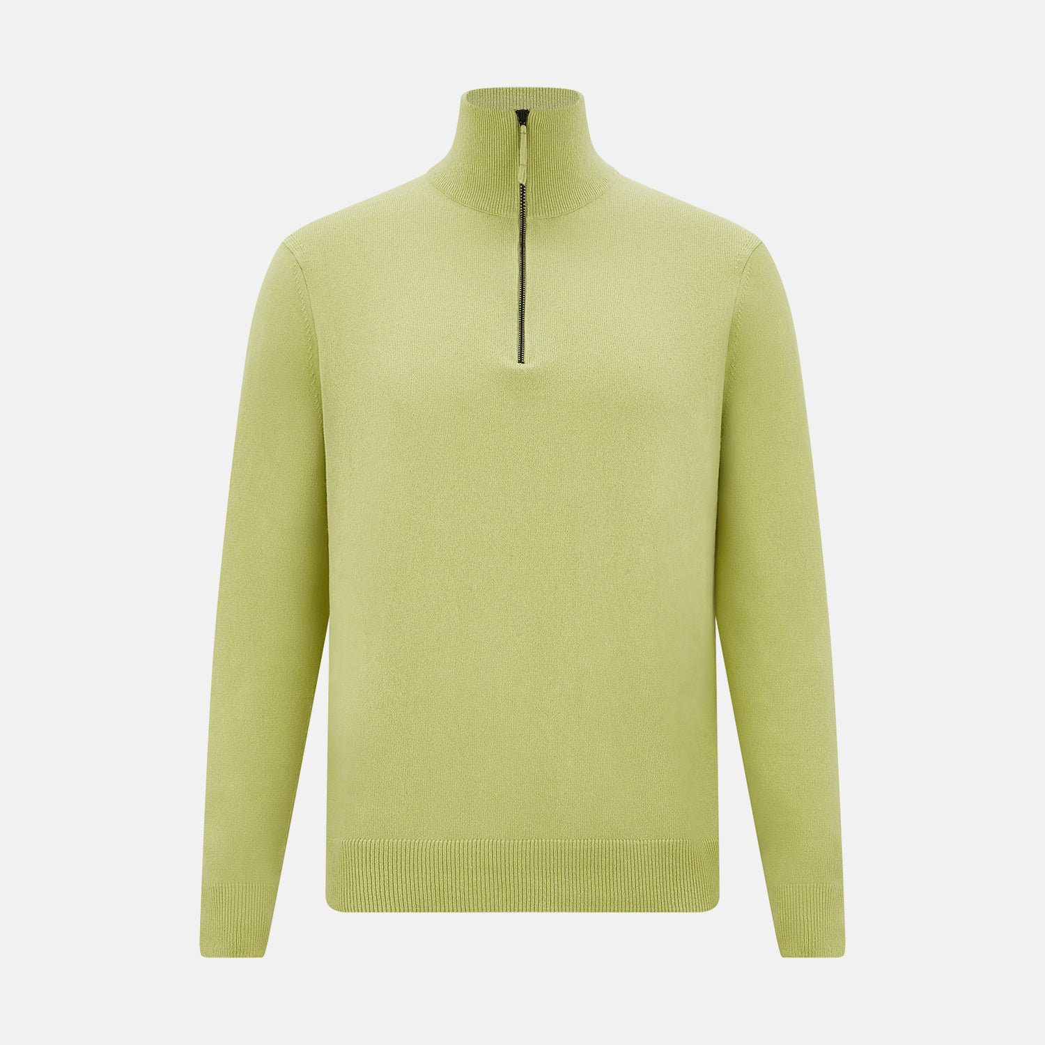 View 1 of product The Turnbull & Asser Melon Green Half-Zip Cashmere Jumper features long sleeves, a high collar, and half-zip front—ideal knitwear for layering. Shown on a plain white background.