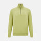 The Turnbull & Asser Melon Green Half-Zip Cashmere Jumper features long sleeves, a high collar, and half-zip front—ideal knitwear for layering. Shown on a plain white background.