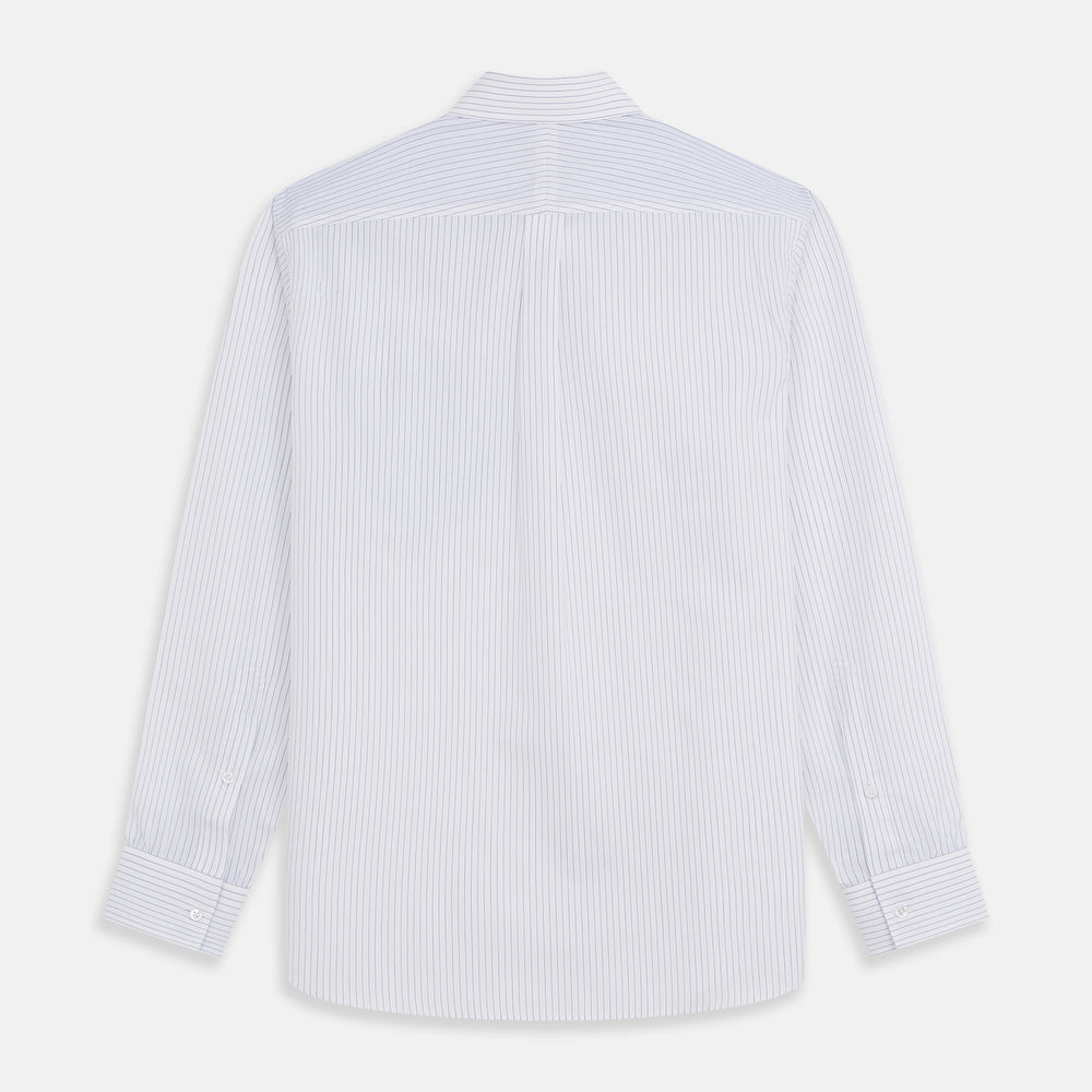 The White and Blue Stripe Cotton RE-PURPOSE Weekend Fit Finch Shirt by Turnbull & Asser features long sleeves, thin blue stripes, a light blue chest pocket, and is crafted sustainably.
