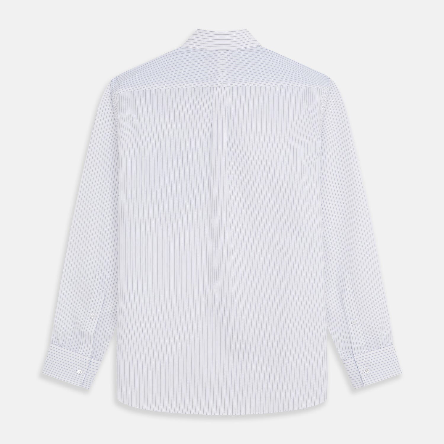 View 5 of product The White and Blue Stripe Cotton RE-PURPOSE Weekend Fit Finch Shirt by Turnbull & Asser features long sleeves, thin blue stripes, a light blue chest pocket, and is crafted sustainably.