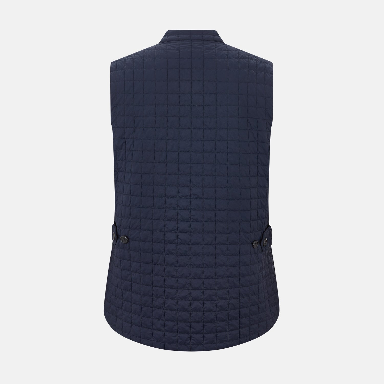 View 3 of product The Turnbull & Asser Navy Double-Breasted Quilted Gilet is a sleeveless piece with an asymmetrical button closure, chest pocket, and two zippered side pockets, shown on a plain white background—ideal for layered dressing.