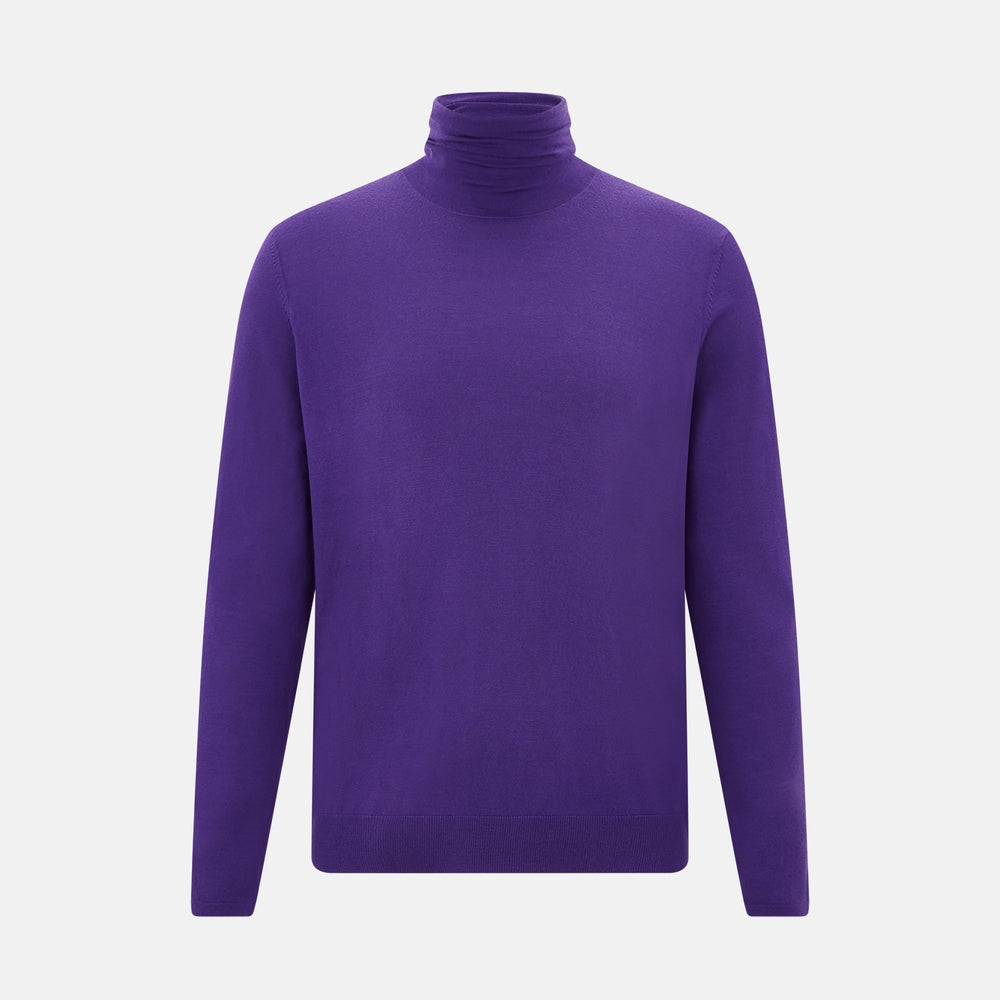 The Turnbull & Asser Purple Fine Merino High Neck Jumper is shown on a white background, featuring a plain, long-sleeved design that highlights the classic elegance of Italian knitwear.