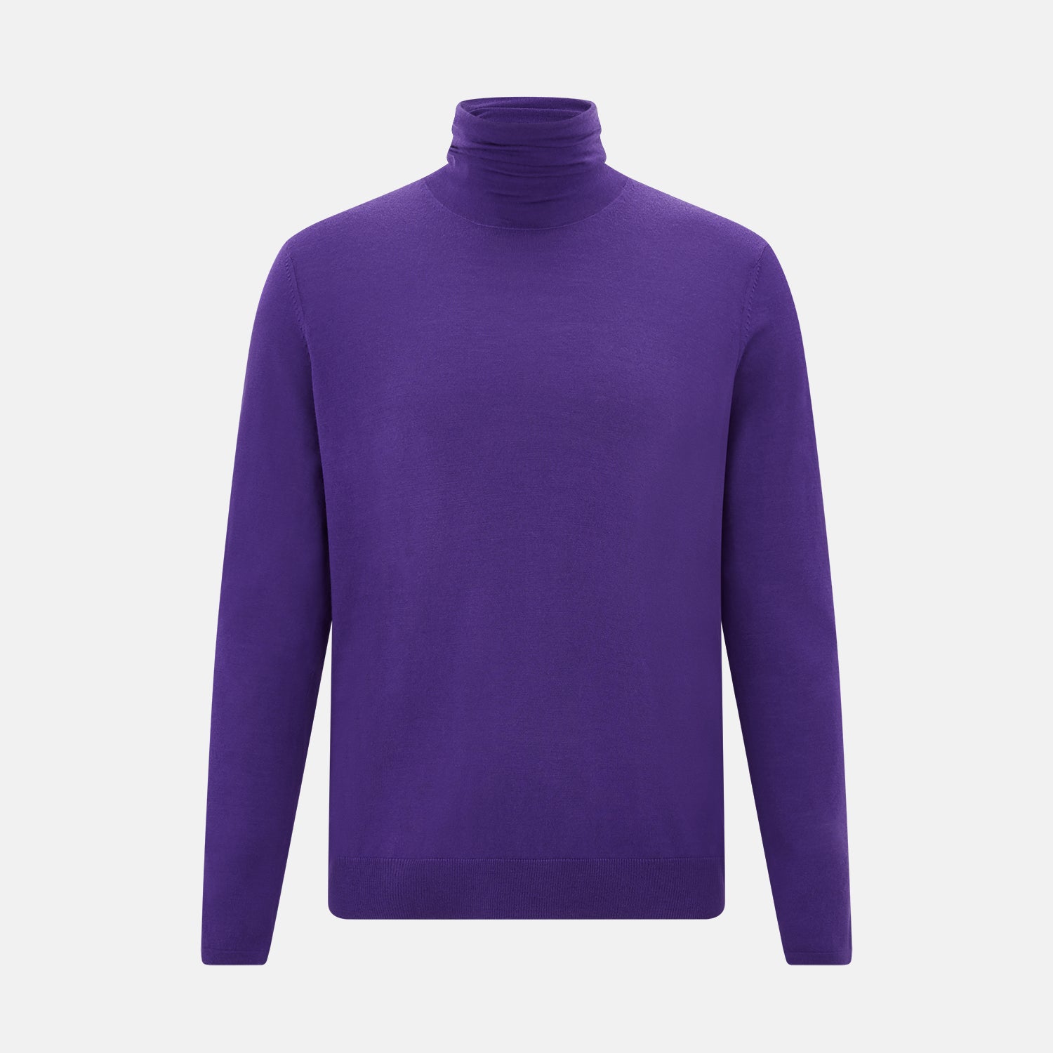 View 1 of product The Turnbull & Asser Purple Fine Merino High Neck Jumper is shown on a white background, featuring a plain, long-sleeved design that highlights the classic elegance of Italian knitwear.