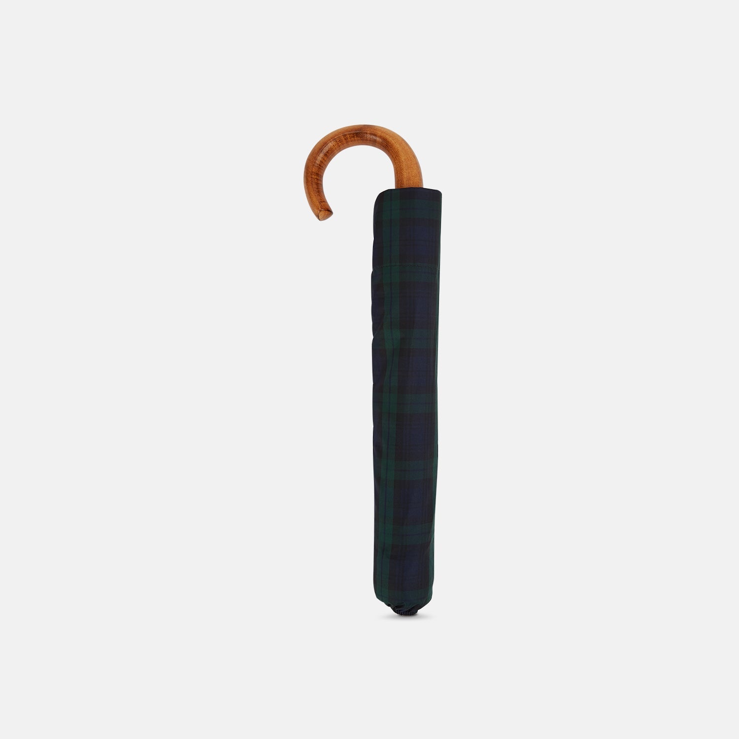 View 2 of product The Turnbull & Asser Black Watch Tartan Telescopic Umbrella features a green and blue plaid pattern and a whangee crook handle, offering classic luxury against a plain white background.