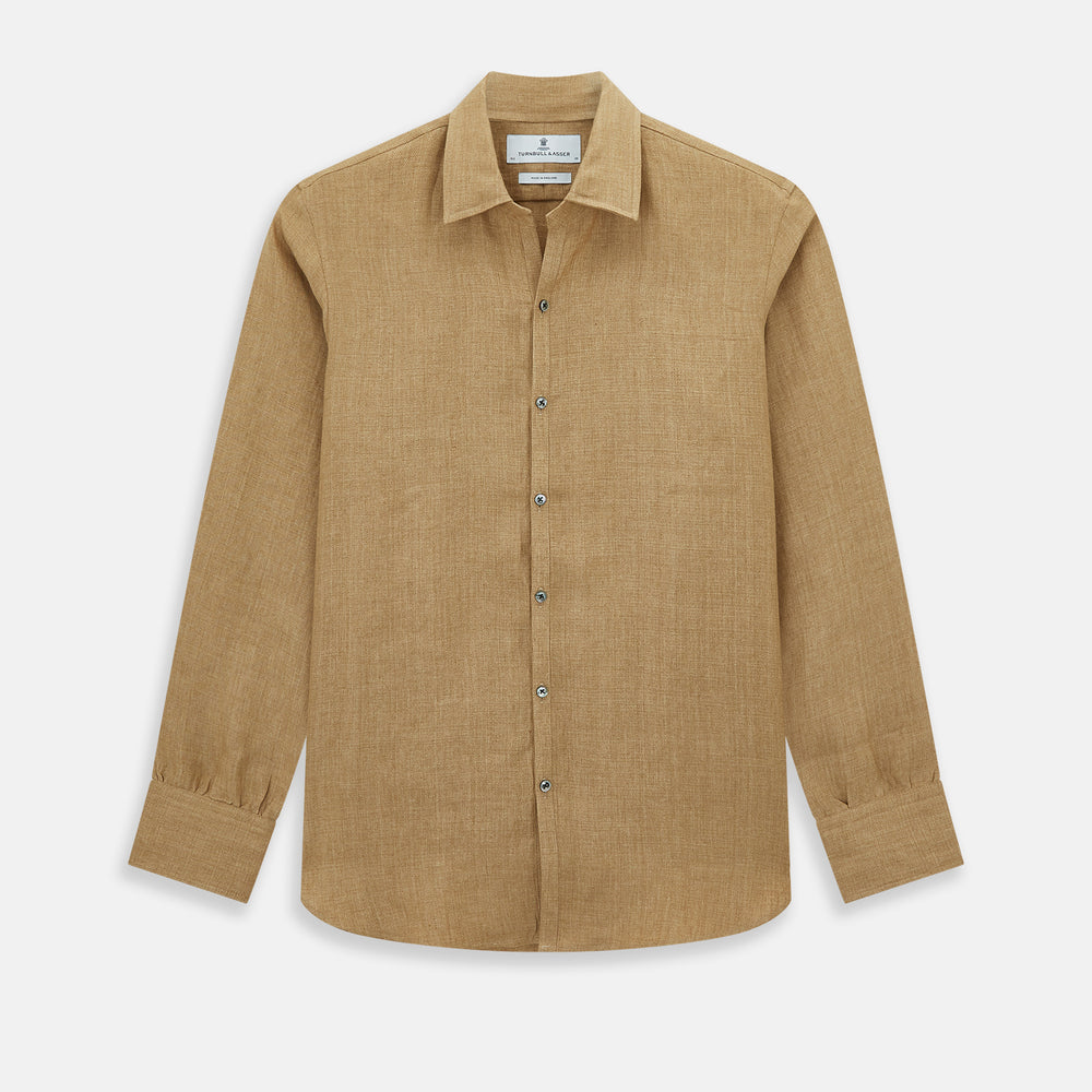 The Turnbull & Asser Camel Linen Windsor Shirt features long sleeves, a tailored fit, and classic collar in light brown camel linen, shown against a white background.
