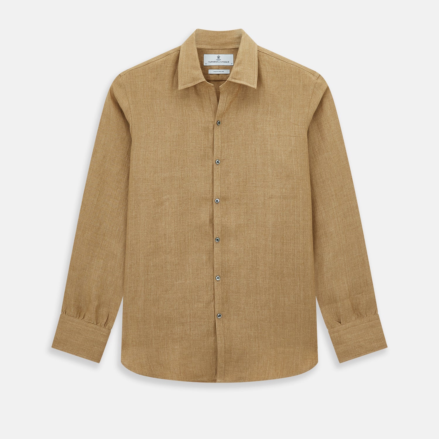 View 1 of product The Turnbull & Asser Camel Linen Windsor Shirt features long sleeves, a tailored fit, and classic collar in light brown camel linen, shown against a white background.