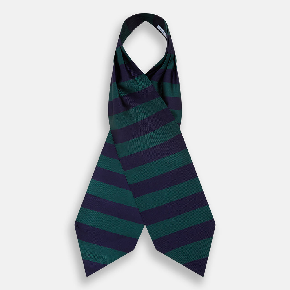 The Wide Green Stripe and Navy Silk Cravat from Turnbull & Asser features bold diagonal stripes in dark green and navy—an ideal wedding accessory for a refined touch of British style.