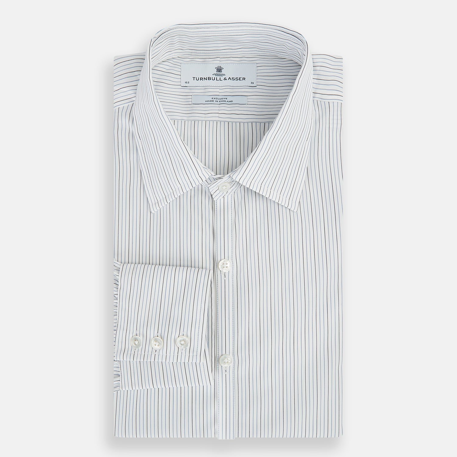 View 5 of product The Turnbull & Asser Grey and Blue Pinstripe Westminster Shirt features fine stripes, a classic collar, and buttoned cuffs—showcasing signature British craftsmanship against a plain white backdrop.