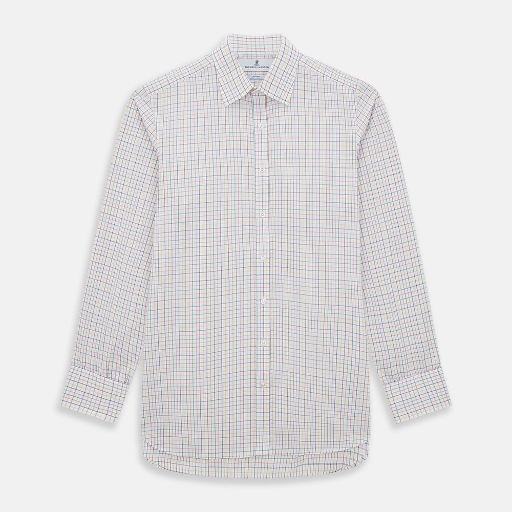 The Rainbow Double Grid Check Mayfair Shirt by Turnbull & Asser features a white base with thin blue, red, and green checks and a T&A collar. It’s displayed neatly laid flat on a white background.