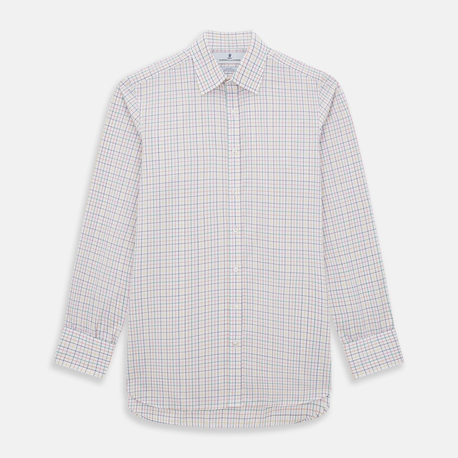 View 1 of product The Rainbow Double Grid Check Mayfair Shirt by Turnbull & Asser features a white base with thin blue, red, and green checks and a T&A collar. It’s displayed neatly laid flat on a white background.