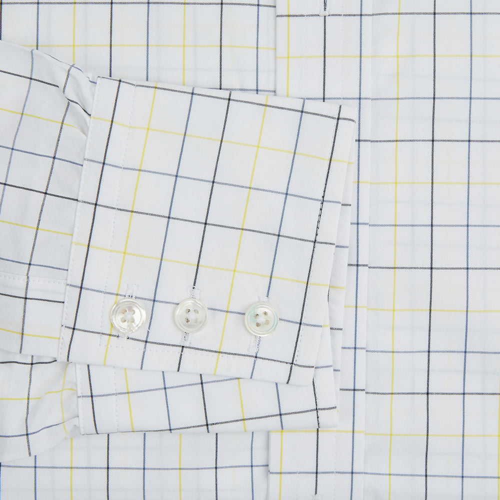 The Turnbull & Asser Yellow and Blue Grid Check Mayfair Shirt features a long-sleeve button-up design with a yellow and blue grid pattern, shown against a plain white background.