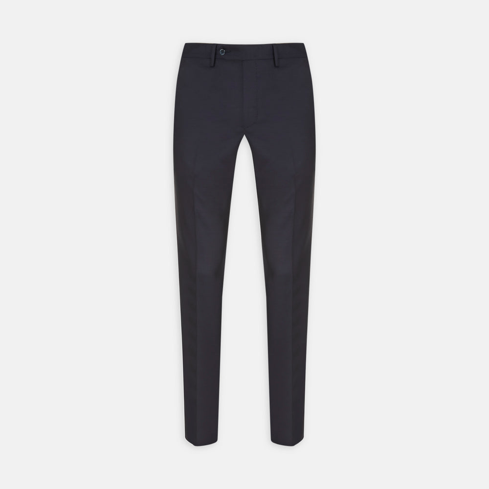 Turnbull & Asser Navy Cotton Trousers shown on a white background, offering a slim fit with front button and zip closure and pressed center creases.