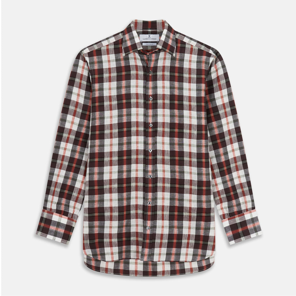 A close-up of Turnbull & Asser's Black and Red Check Linen Blend Fabric shows softly wrinkled plaid with black, white, and red intersecting stripes in a checkered pattern, framed by a circular gray border.