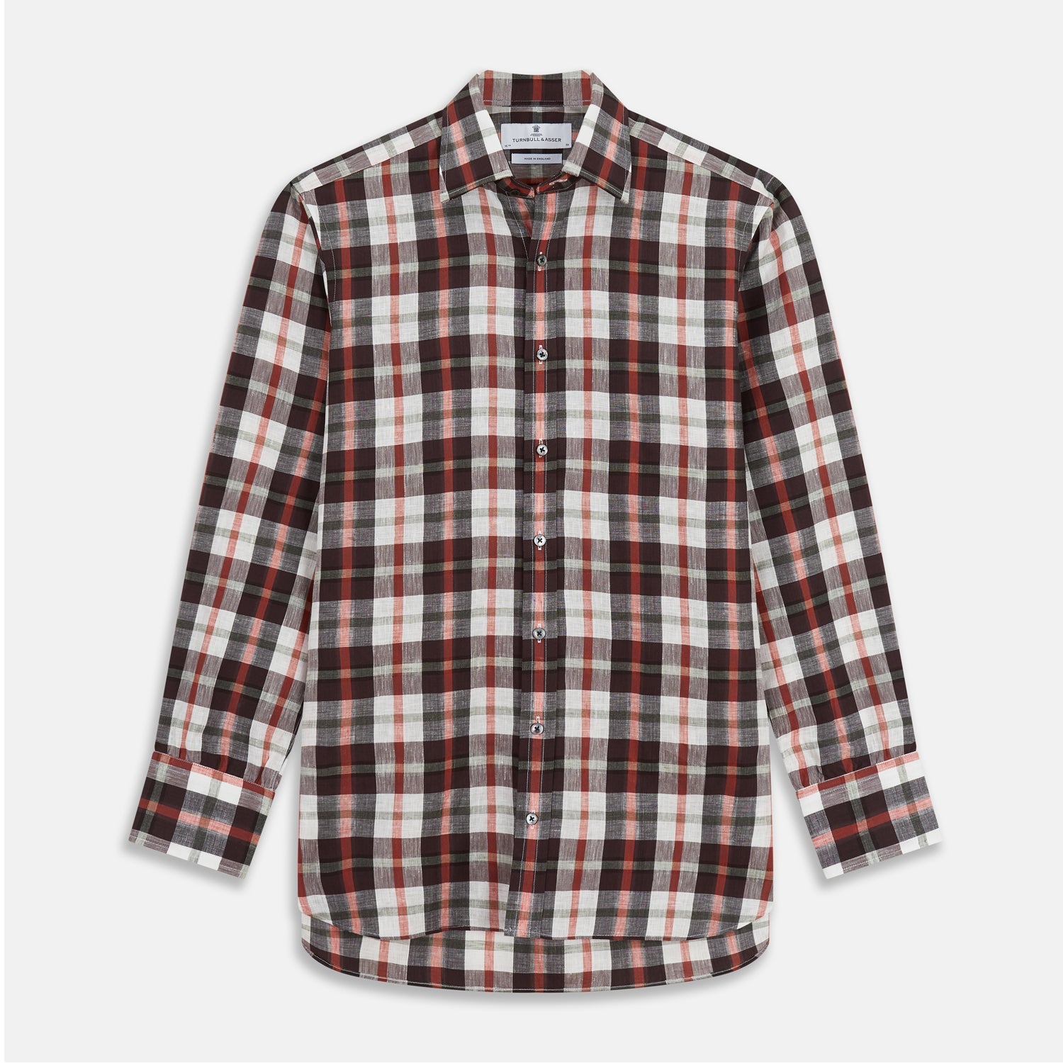 View 2 of product A close-up of Turnbull & Asser's Black and Red Check Linen Blend Fabric shows softly wrinkled plaid with black, white, and red intersecting stripes in a checkered pattern, framed by a circular gray border.