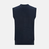 View 3 of product The Turnbull & Asser Navy Melange Cashmere Sleeveless Cardigan features a V-neck, button-down front, ribbed hem and armholes, and two front pockets—ideal for layering. Shown against a plain white background.