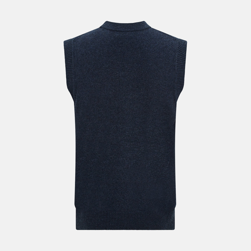 The Turnbull & Asser Navy Melange Cashmere Sleeveless Cardigan features a V-neck, button-down front, ribbed hem and armholes, and two front pockets—ideal for layering. Shown against a plain white background.
