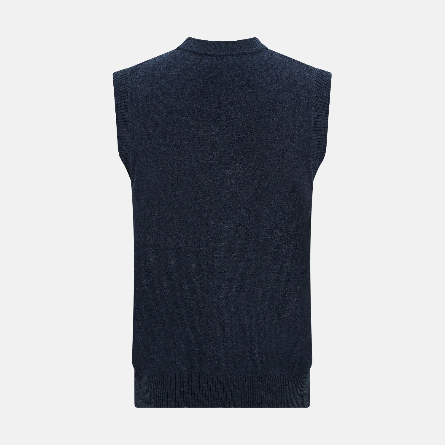 View 3 of product The Turnbull & Asser Navy Melange Cashmere Sleeveless Cardigan features a V-neck, button-down front, ribbed hem and armholes, and two front pockets—ideal for layering. Shown against a plain white background.