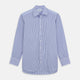 The Turnbull & Asser Blue and White Stripe Cotton RE-PURPOSE Mayfair Shirt, made with recycled fabrics, features long sleeves and a classic collar, and is shown flat against a white background.