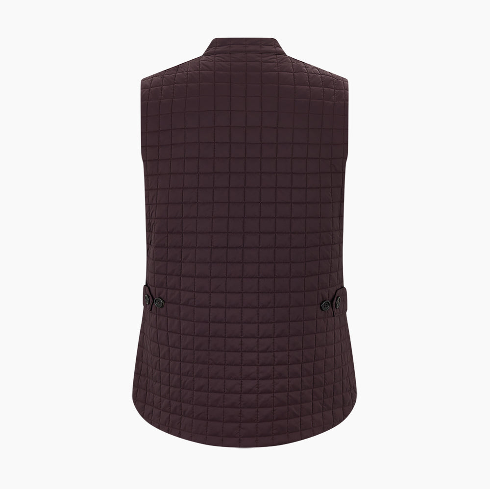 The Turnbull & Asser Burgundy Double-Breasted Quilted Gilet is a sleeveless vest with black buttons, an angled front, subtle check pattern, side and chest pockets—an ideal menswear piece for versatile layering.