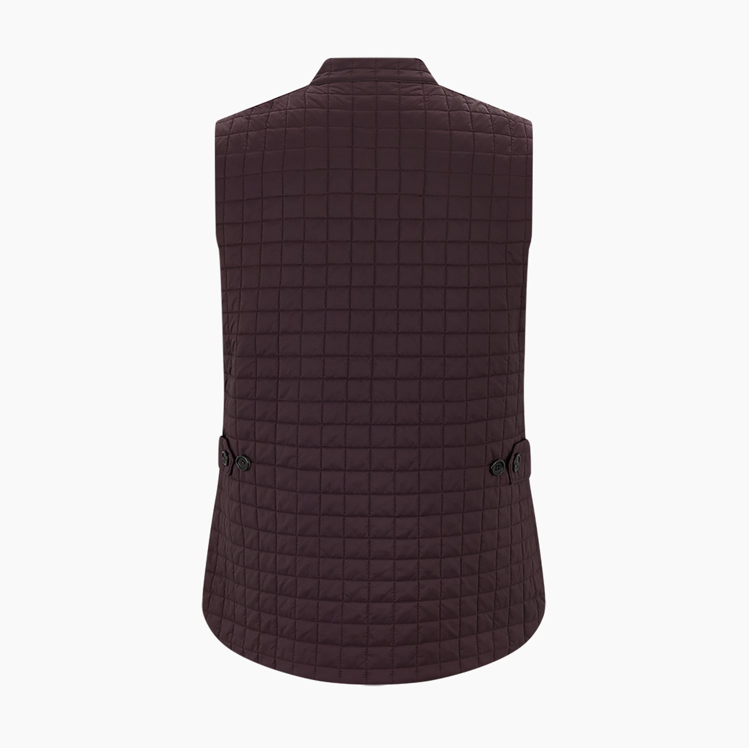 View 3 of product The Turnbull & Asser Burgundy Double-Breasted Quilted Gilet is a sleeveless vest with black buttons, an angled front, subtle check pattern, side and chest pockets—an ideal menswear piece for versatile layering.