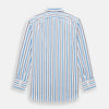 View 3 of product The Sky Blue Multi Candy Stripe Mayfair Shirt by Turnbull & Asser features vertical blue, black, and white stripes, a pointed collar, matching cuffs, and showcases signature British craftsmanship.