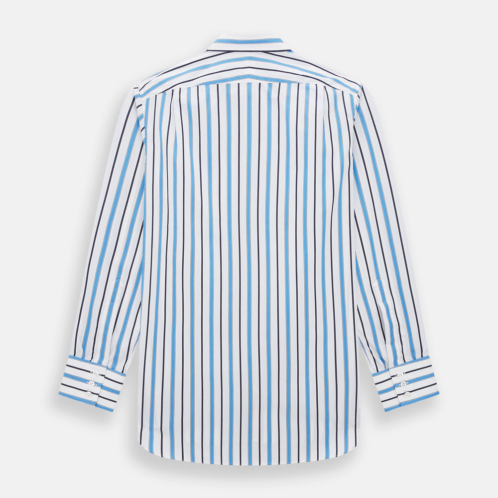 The Sky Blue Multi Candy Stripe Mayfair Shirt by Turnbull & Asser features vertical blue, black, and white stripes, a pointed collar, matching cuffs, and showcases signature British craftsmanship.