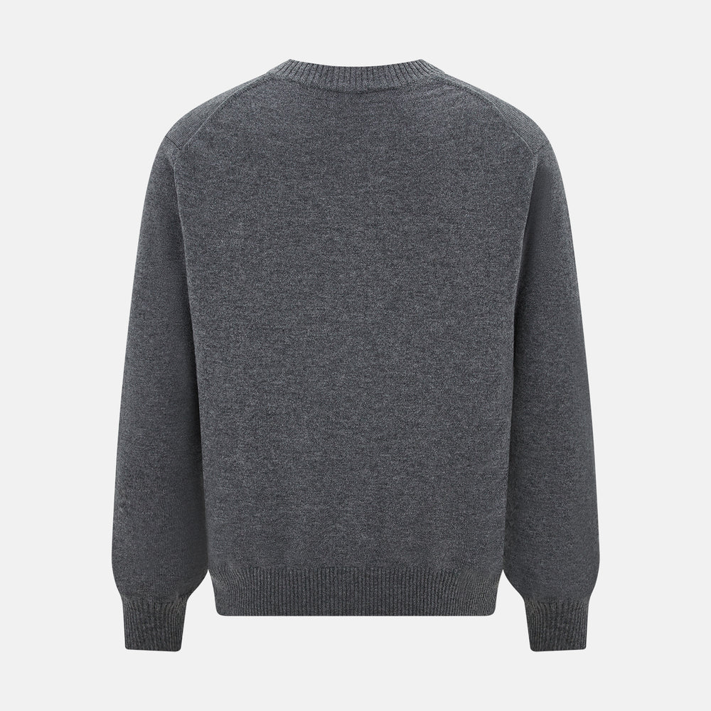 The Turnbull & Asser Grey Melange Cashmere Cardigan features a V-neck, ribbed cuffs and hem, front buttons, and two pockets—an elegant piece from our timeless knitwear collection. Shown here against a plain white background.