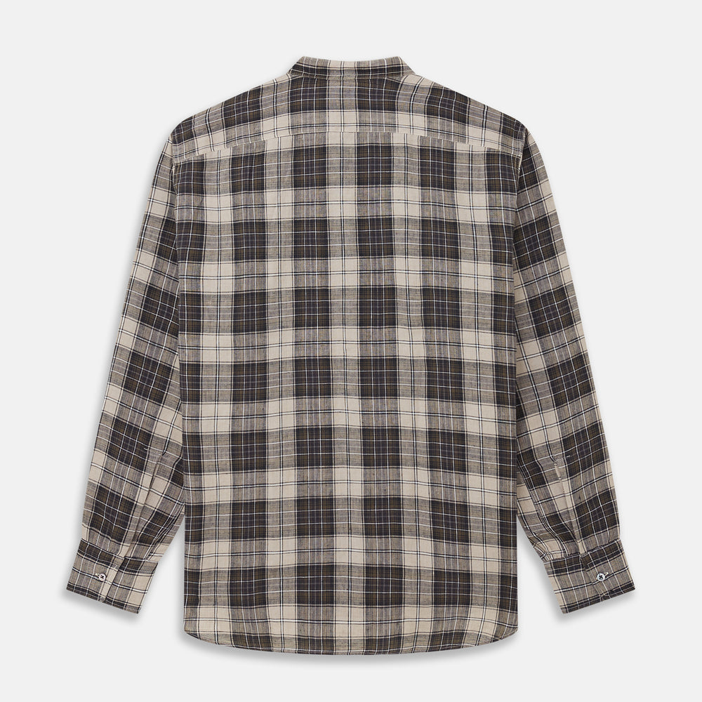 The Brown Multi Check Linen Weekend Fit Unwin Shirt by Turnbull & Asser features a beige, brown, and black plaid pattern, stand collar, button-up front, long sleeves, and two buttoned chest pockets.