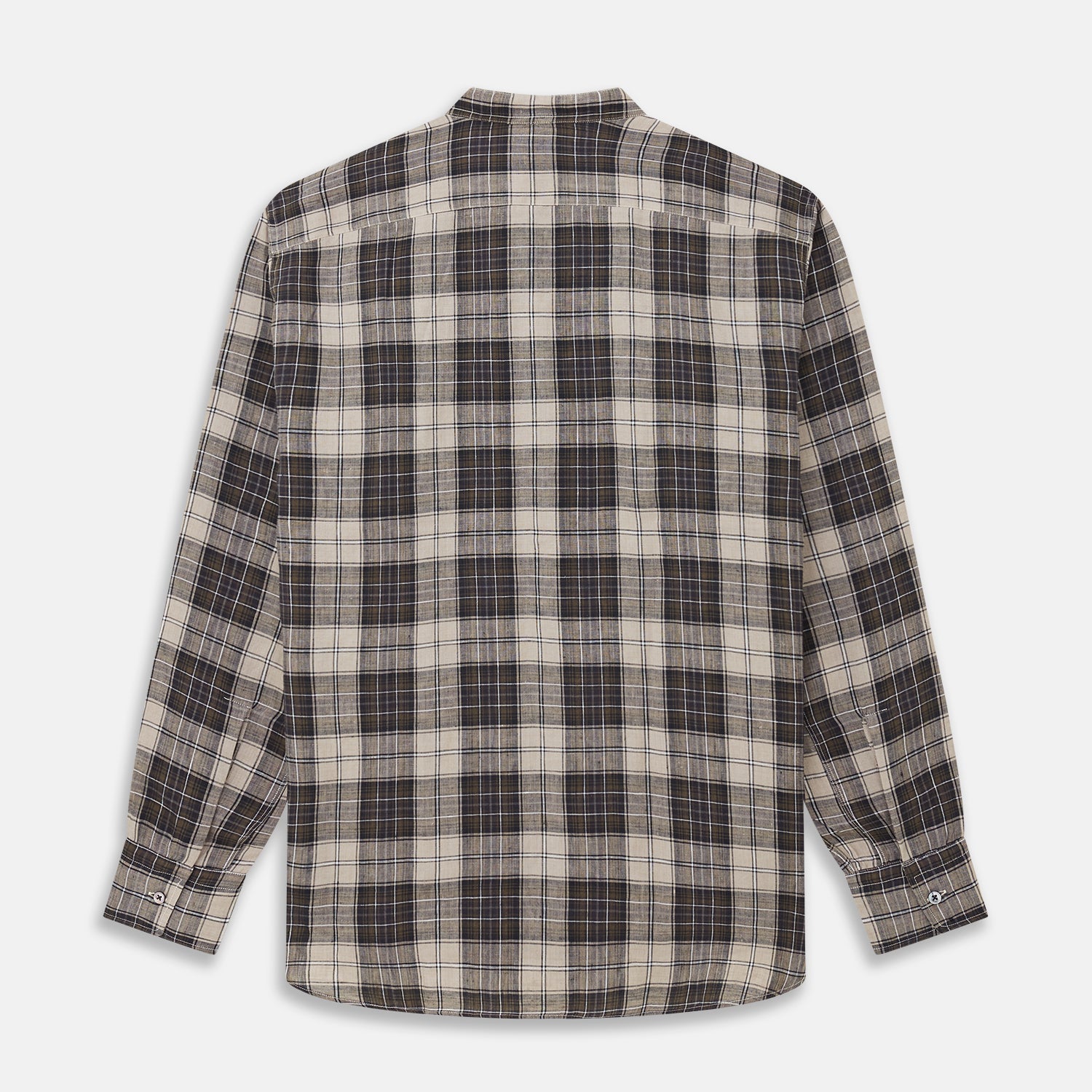 View 5 of product The Brown Multi Check Linen Weekend Fit Unwin Shirt by Turnbull & Asser features a beige, brown, and black plaid pattern, stand collar, button-up front, long sleeves, and two buttoned chest pockets.