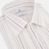 View 2 of product The Purple and Rose Multi Stripe Mayfair Shirt by Turnbull & Asser features thin blue, red, and gray stripes on white, a classic collar, and long sleeves. This British design is displayed on a plain white surface.