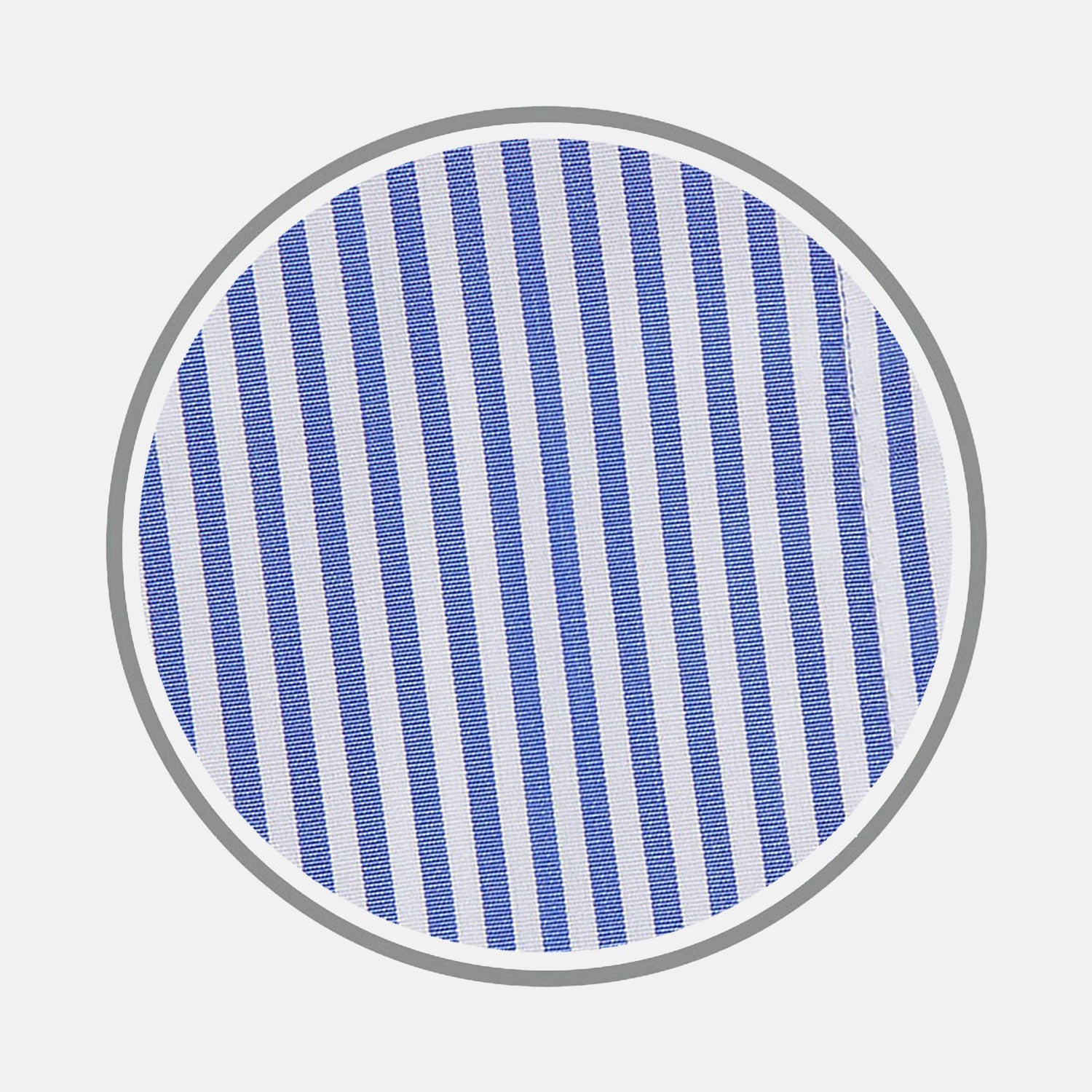 View 1 of product A circular swatch of Turnbull & Asser’s Blue Bengal Stripe Cotton Fabric features alternating vertical blue and white stripes with a gray border.