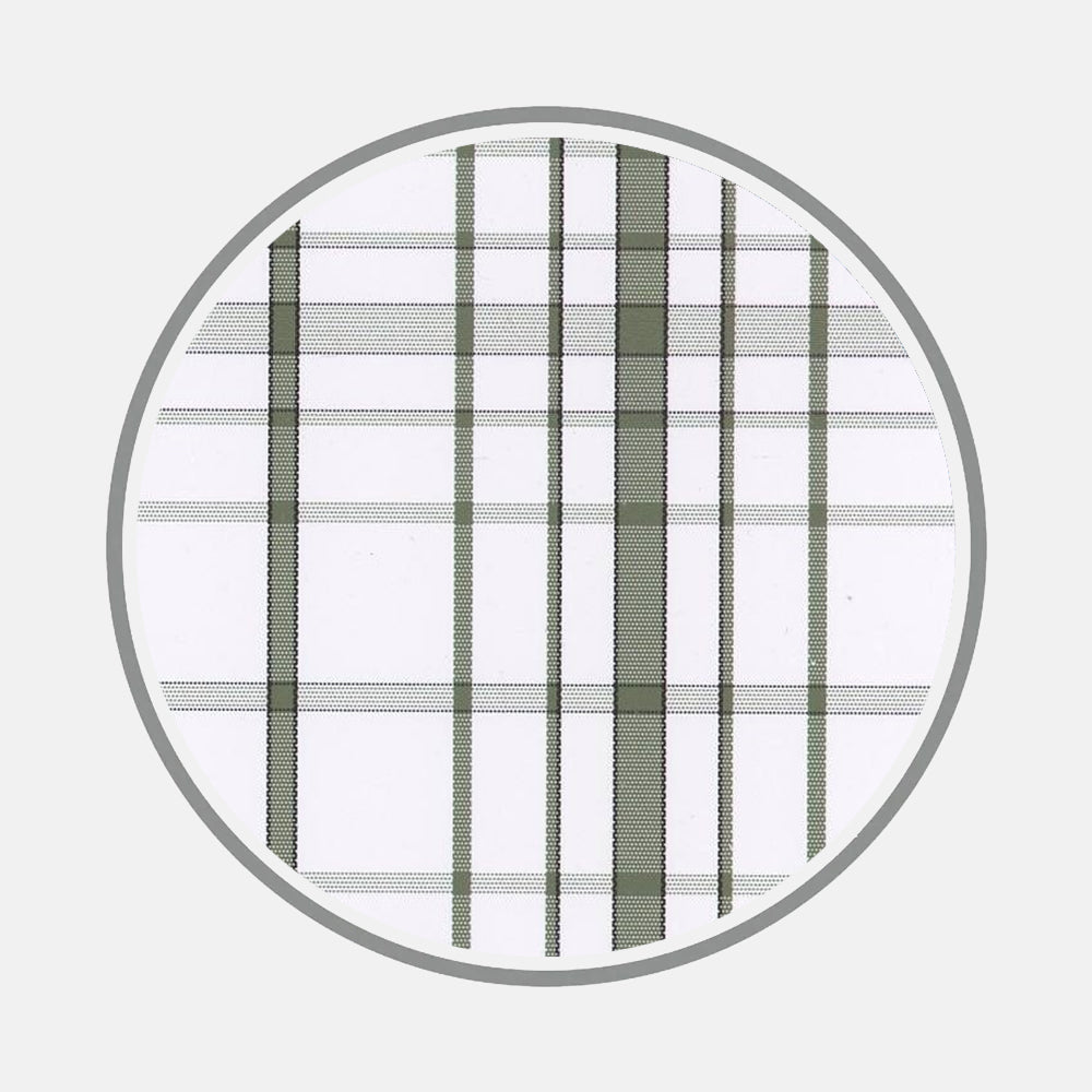 The Olive Green Plaid Check Fabric by Turnbull & Asser features a circular pattern with a white background, intersecting green and gray plaid lines, and a gray border.