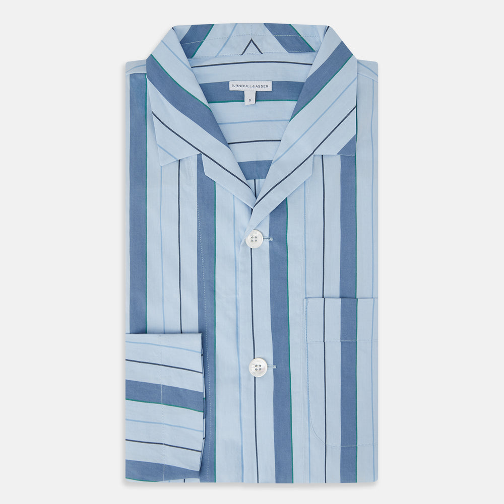 The Blue Baiadera Stripe Pyjama Shirt by Turnbull & Asser features long sleeves, a chest pocket, and a notched collar for an elegant nightwear look, shown on a white background.
