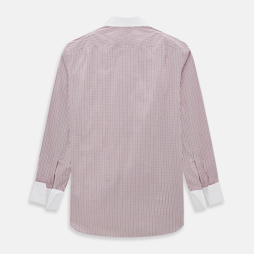 The Turnbull & Asser Red Micro Check Shirt features a crisp white contrast T&A collar and cuffs, crafted in Italian cotton. Timeless style is showcased against a plain white background, inspired by classic Turnbull & Asser designs.