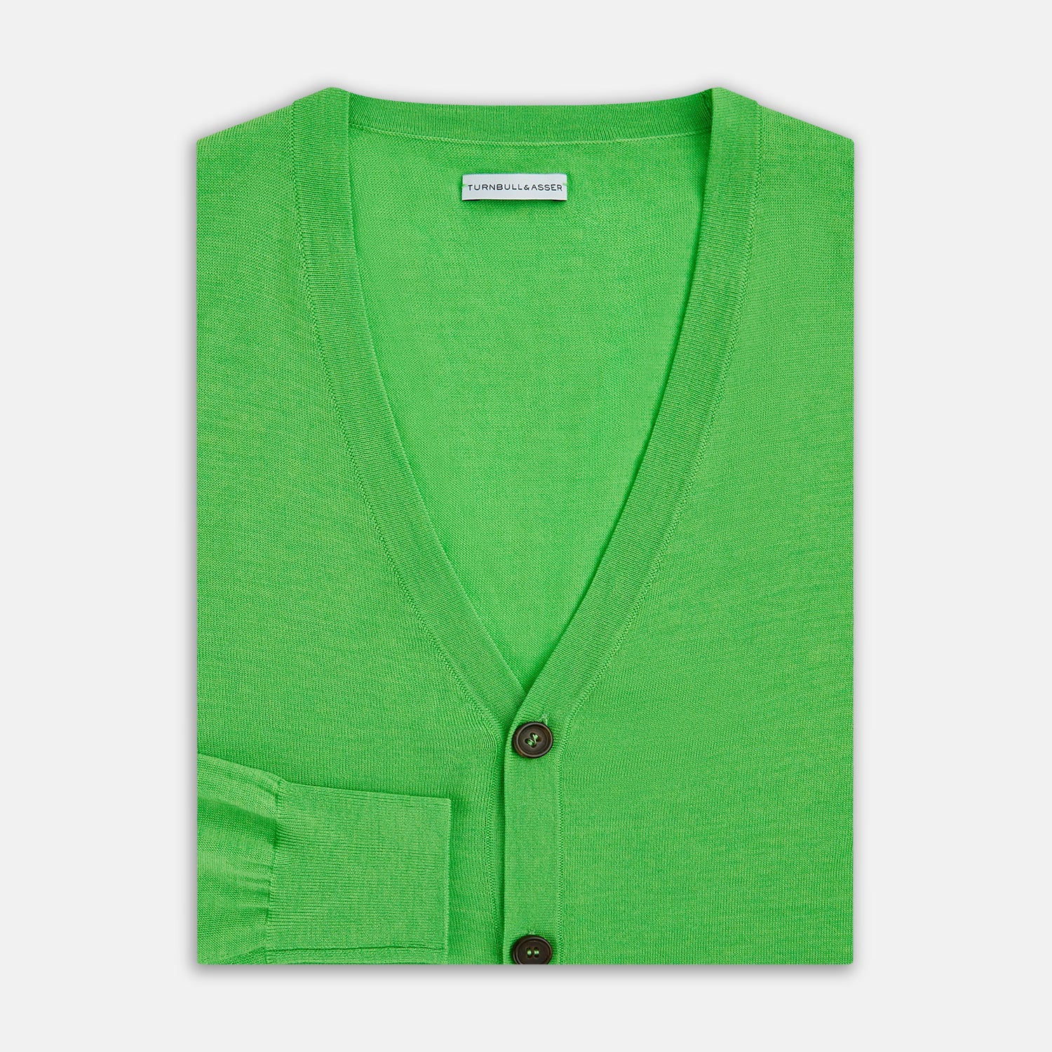 View 4 of product The Turnbull & Asser Lime Green Fine Merino V-Neck Cardigan features long sleeves and dark brown front buttons, shown against a plain white background.