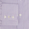 View 4 of product The Turnbull & Asser Purple Micro Shadow Check Mayfair Shirt features long sleeves, a classic collar, white buttons, and a subtle blue and white check pattern—perfect for formal wear and shown on a plain white background.