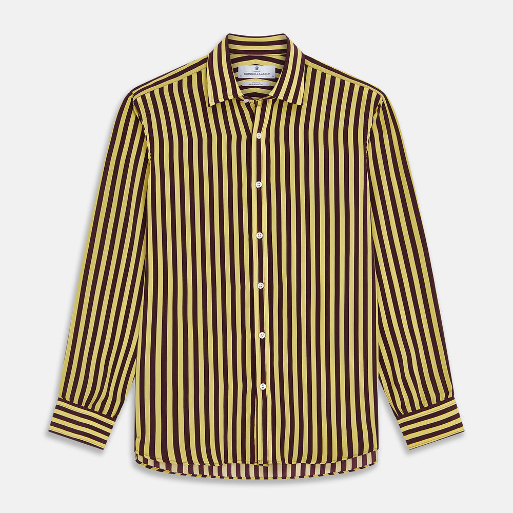 The Turnbull & Asser Yellow and Burgundy Candy Stripe Silk Weekend Fit Harold Shirt features long sleeves, a classic collar, white buttons, and a tailored design.