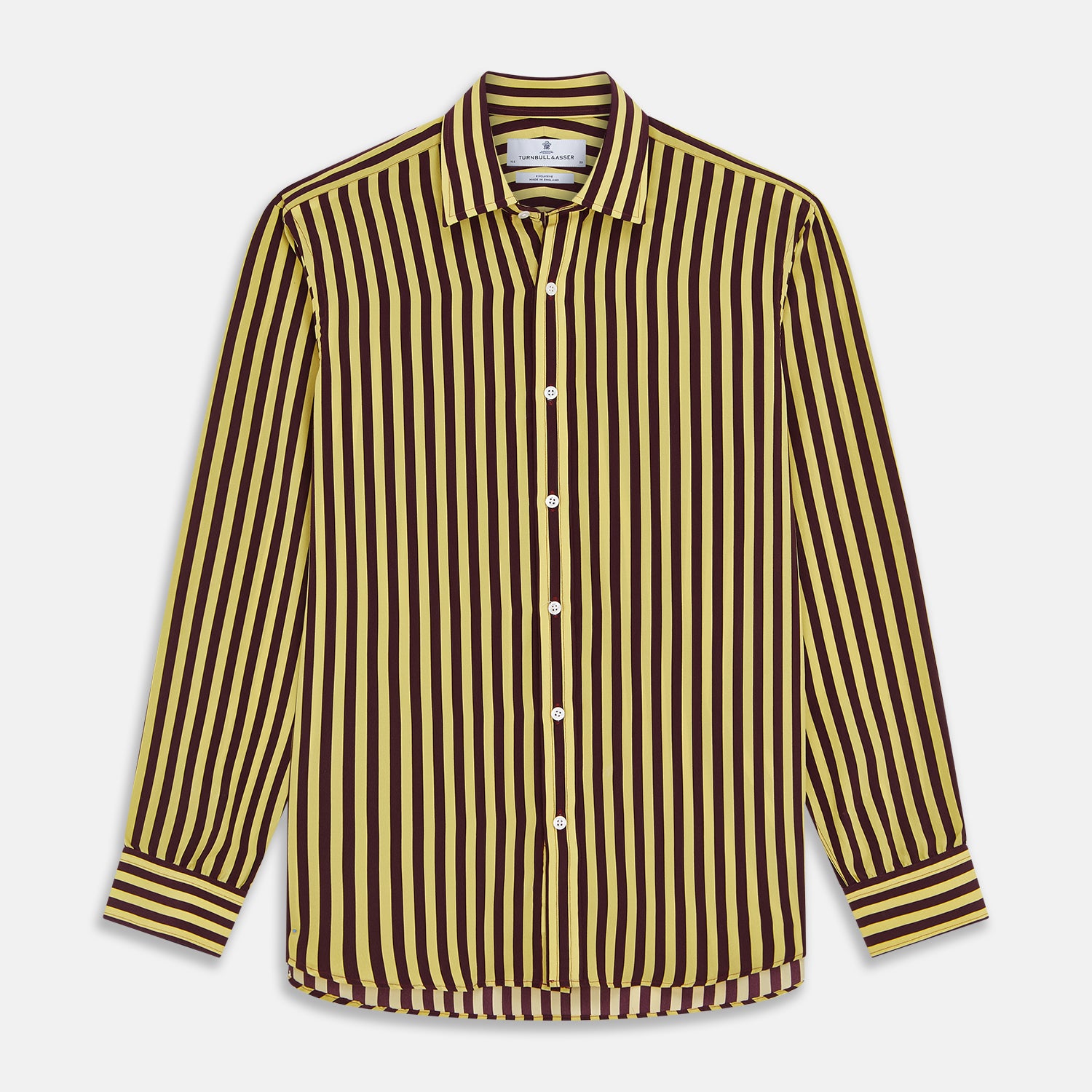 View 1 of product The Turnbull & Asser Yellow and Burgundy Candy Stripe Silk Weekend Fit Harold Shirt features long sleeves, a classic collar, white buttons, and a tailored design.