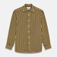 The Turnbull & Asser Yellow and Burgundy Candy Stripe Silk Weekend Fit Harold Shirt features long sleeves, a classic collar, white buttons, and a tailored design.