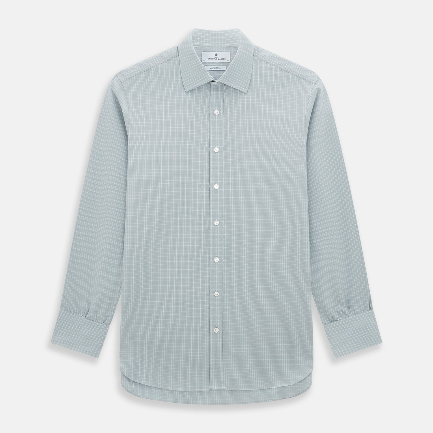 View 1 of product Turnbull & Asser Pale Blue Fine Check Mayfair Shirt—a long-sleeve button-up with classic collar, buttoned cuffs, white buttons, and a subtle check pattern in sanforised cotton—displayed on a white background.