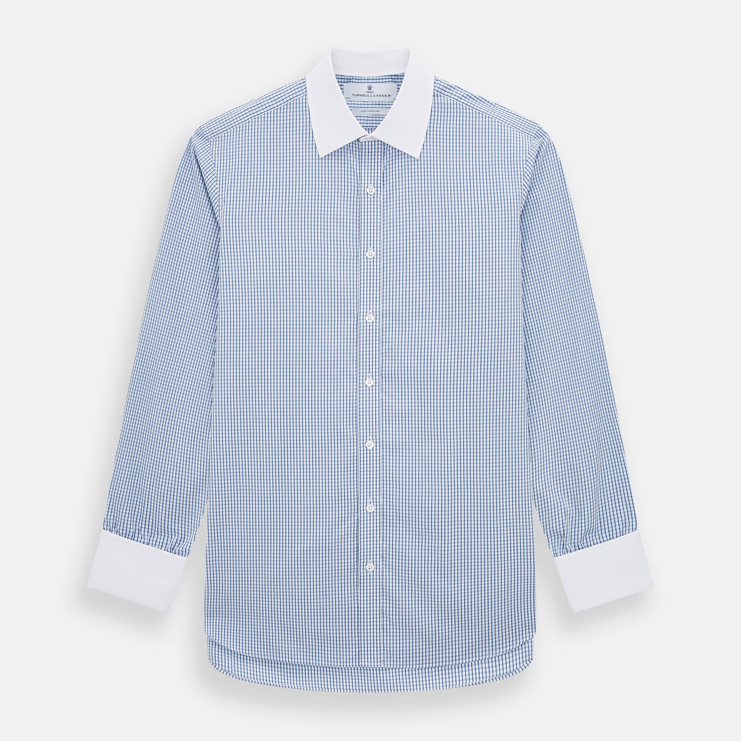 View 1 of product The Turnbull & Asser Sky Blue Micro Shadow Check Shirt features a Mayfair fit, contrast white collar and double cuffs—ideal for formal wear—shown against a plain white background.