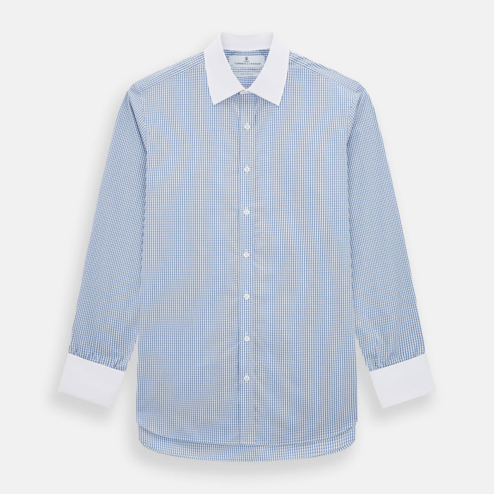 Sky Blue Micro Shadow Check Shirt with Contrast Collar and Double Cuffs