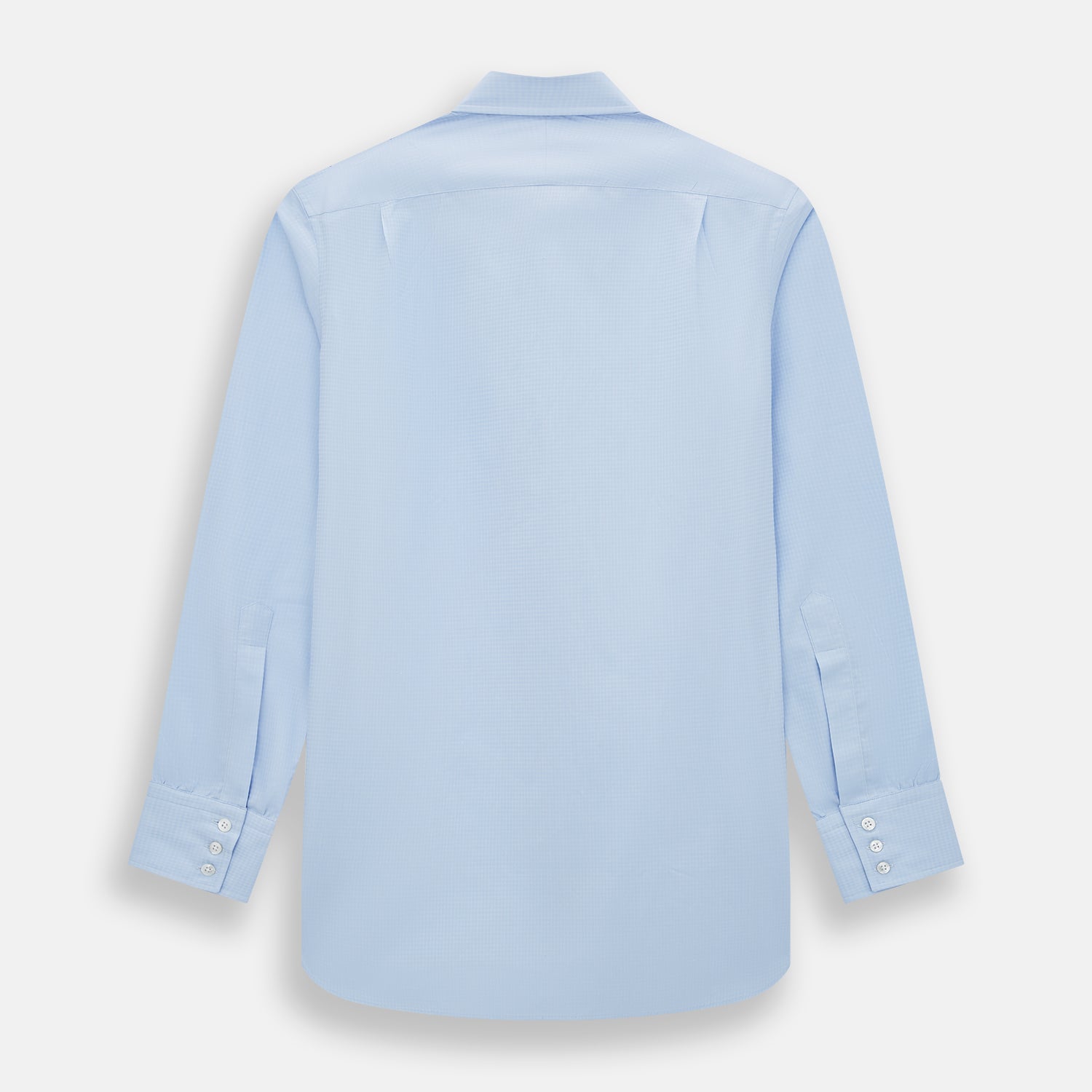 View 3 of product The Pale Blue Rhombus Mayfair Shirt by Turnbull & Asser features long sleeves, a classic collar, white buttons, and buttoned cuffs, shown laid flat on a white background.