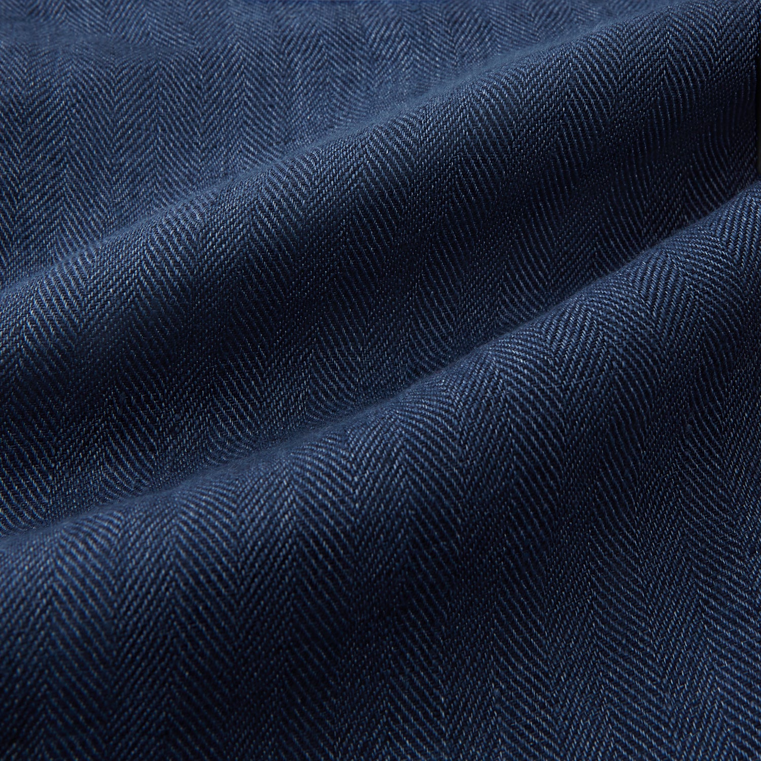 View 7 of product Turnbull & Asser Denim Blue Linen Herringbone Miles Trousers with a straight-leg fit, elasticated waist, and drawstring tie, shown against a plain white background.