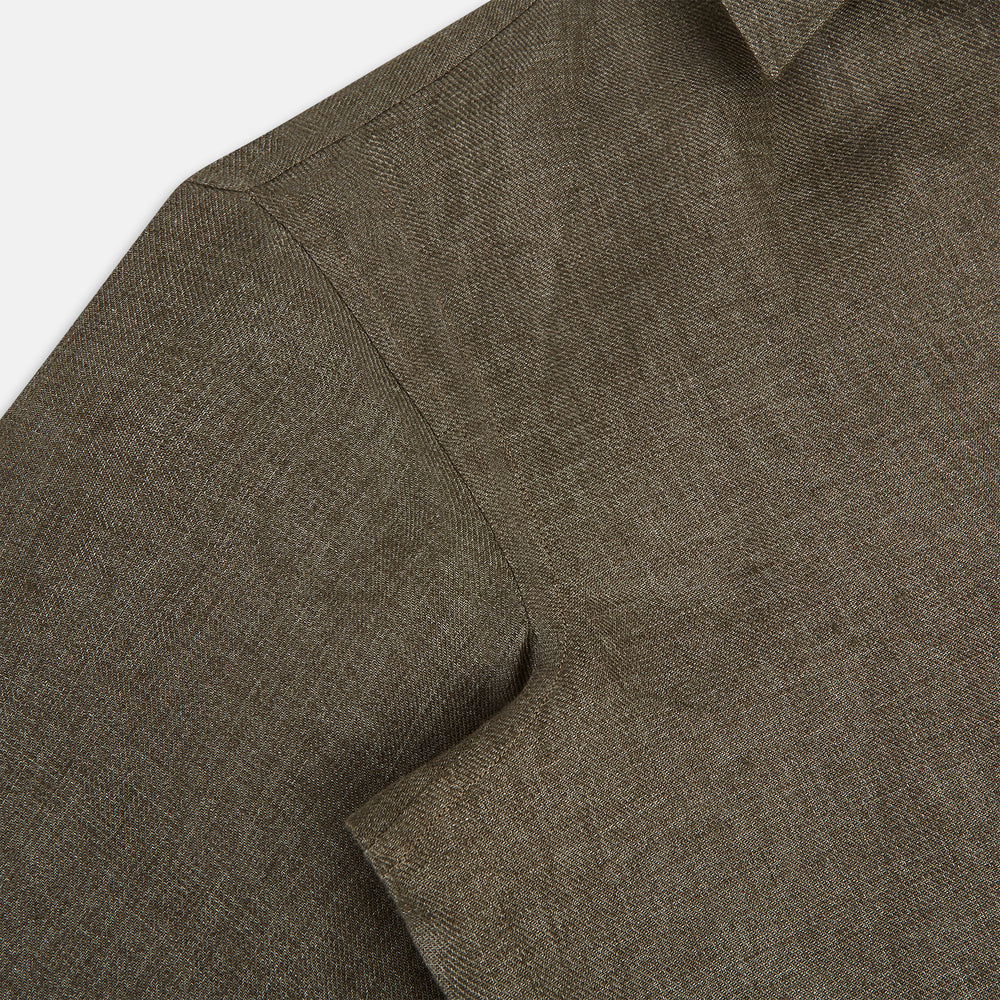The Olive Linen Windsor Shirt by Turnbull & Asser features long sleeves, a classic Windsor collar, buttoned cuffs, and a straight hem—expertly crafted in Britain and shown against a white background.