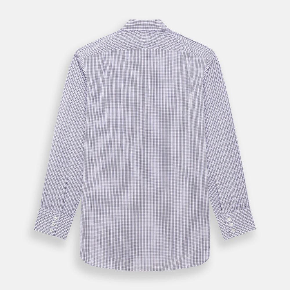 The Turnbull & Asser Purple Double Graph Check Mayfair Shirt is a long-sleeved, button-up dress shirt with a T&A collar and small blue and white check pattern, shown against a white background.