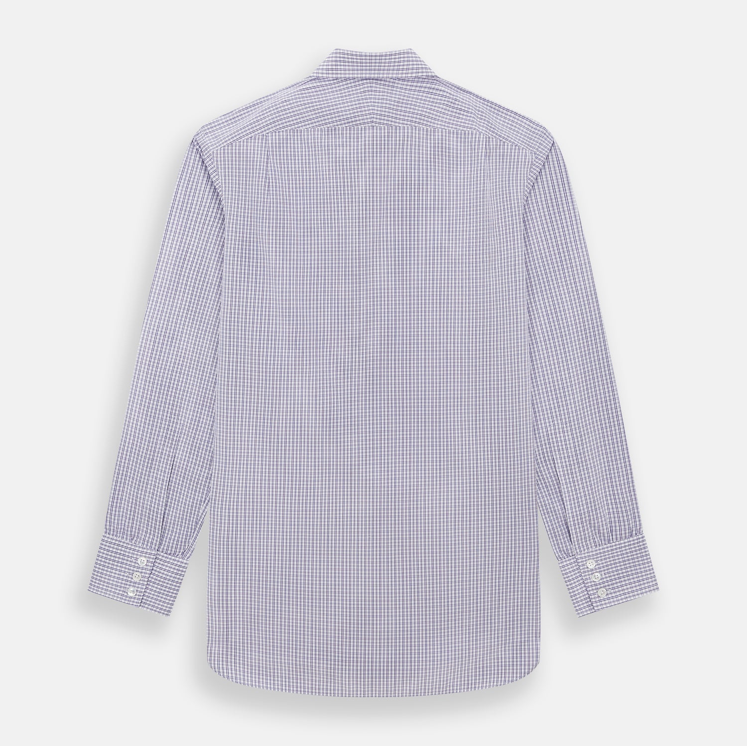 View 3 of product The Turnbull & Asser Purple Double Graph Check Mayfair Shirt is a long-sleeved, button-up dress shirt with a T&A collar and small blue and white check pattern, shown against a white background.