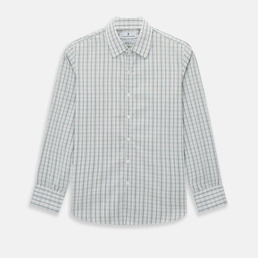 The Turnbull & Asser Forest Green Multi Check Westminster Shirt is a tailored, long-sleeved, button-up shirt with a collar and a white base featuring light blue and green plaid, displayed flat on a white background.