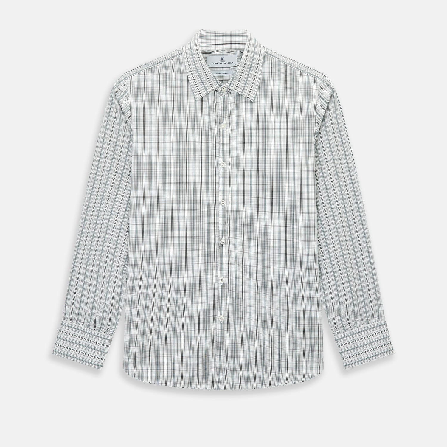 View 1 of product The Turnbull & Asser Forest Green Multi Check Westminster Shirt is a tailored, long-sleeved, button-up shirt with a collar and a white base featuring light blue and green plaid, displayed flat on a white background.
